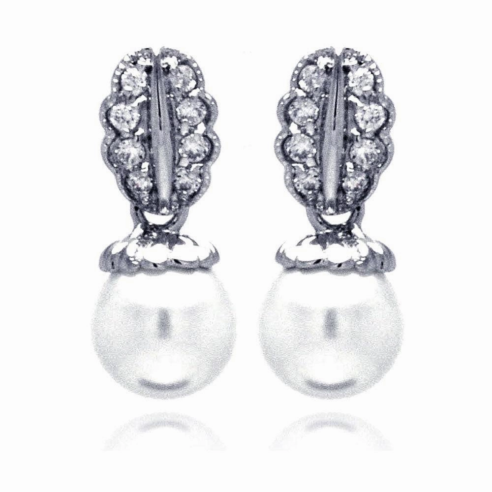 Silver 925 Rhodium Plated Curvy Leaf CZ Synthetic Pearl Dangling Stud Earrings - BGE00206
