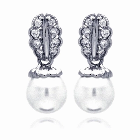 Silver 925 Rhodium Plated Curvy Leaf CZ Synthetic Pearl Dangling Stud Earrings - BGE00206