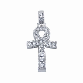 Silver 925 Rhodium Plated CZ Encrusted Egyptian Ankh Cross Hip Hop Pendant - SLP00107