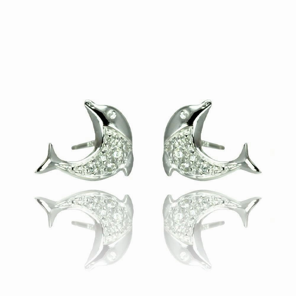 Silver 925 Rhodium Plated Dolphin CZ Stud Earrings - STE00905
