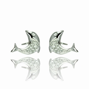Silver 925 Rhodium Plated Dolphin CZ Stud Earrings - STE00905