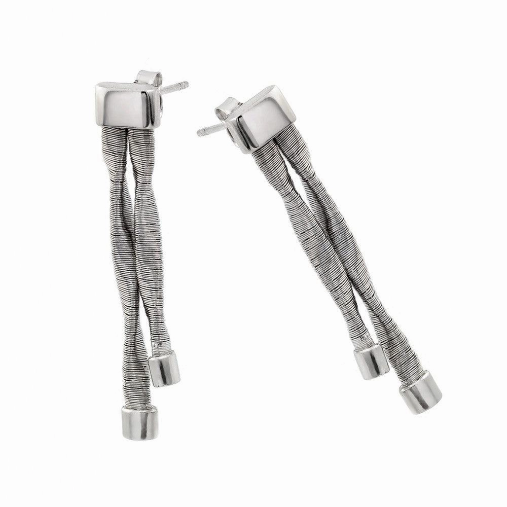 Silver 925 Rhodium Plated Double Smashed Long Dangling Stud Earrings - ECE004RH