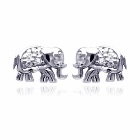 Silver 925 Rhodium Plated Elephant Cluster CZ Stud Earrings - STE00507