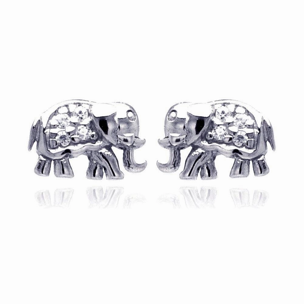 Silver 925 Rhodium Plated Elephant Cluster CZ Stud Earrings - STE00507