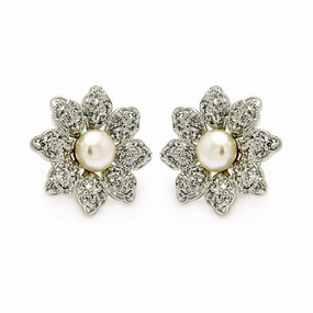 Silver 925 Rhodium Plated Flower CZ Inlay Center Pearl Stud Earrings - BGE00214
