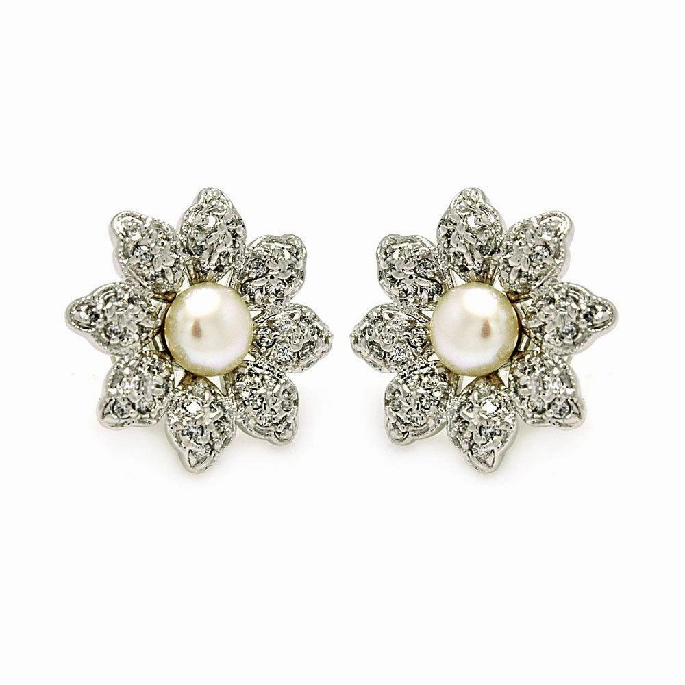Silver 925 Rhodium Plated Flower CZ Inlay Center Pearl Stud Earrings - BGE00214