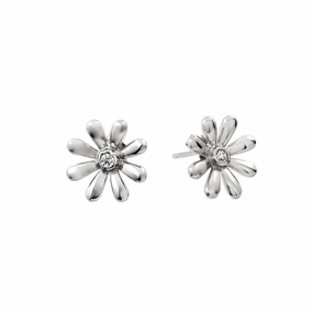 Silver 925 Rhodium Plated Flower CZ Stud Earrings - BGE00396