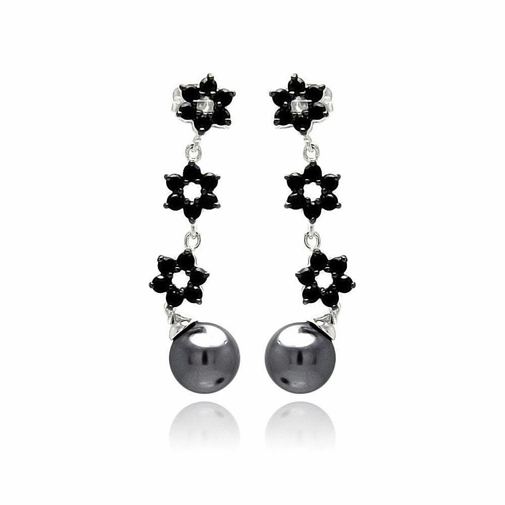 Silver 925 Rhodium Plated Flower Round CZ Black Synthetic Pearl Dangling Stud Earrings - BGE00238