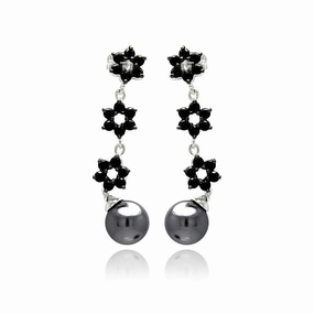 Silver 925 Rhodium Plated Flower Round CZ Black Synthetic Pearl Dangling Stud Earrings - BGE00238