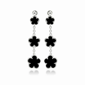 Silver 925 Rhodium Plated Graduated Black Onyx Wire Dangling Stud Earrings - BGE00197
