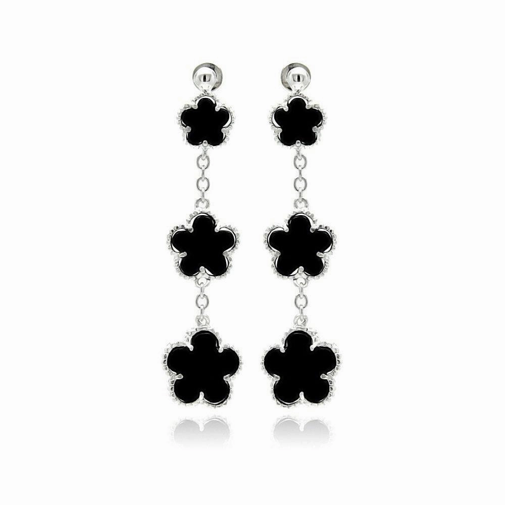 Silver 925 Rhodium Plated Graduated Black Onyx Wire Dangling Stud Earrings - BGE00197