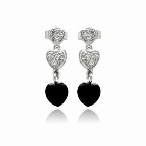 Silver 925 Rhodium Plated Graduated Heart Round Clear CZ Black Onyx Dangling Stud Earrings - STE00771