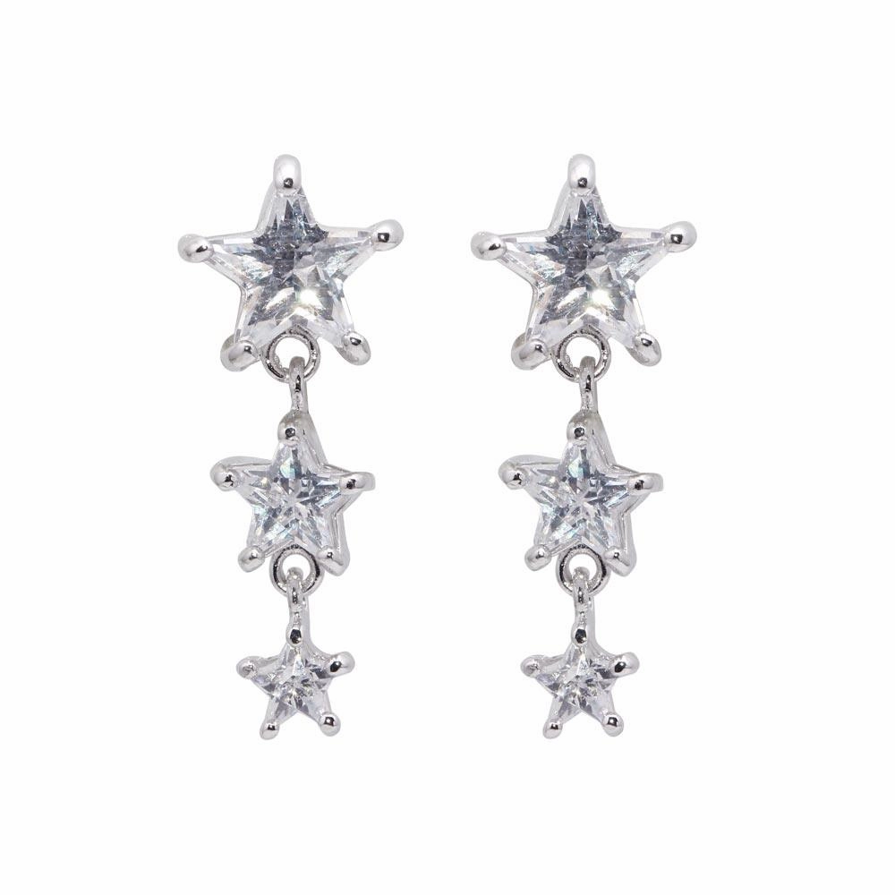 Silver 925 Rhodium Plated Graduated Multiple Stars CZ Dangling Stud Earrings - BGE00070