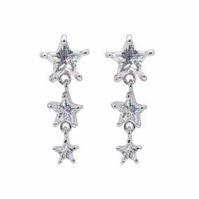 Silver 925 Rhodium Plated Graduated Multiple Stars CZ Dangling Stud Earrings - BGE00070
