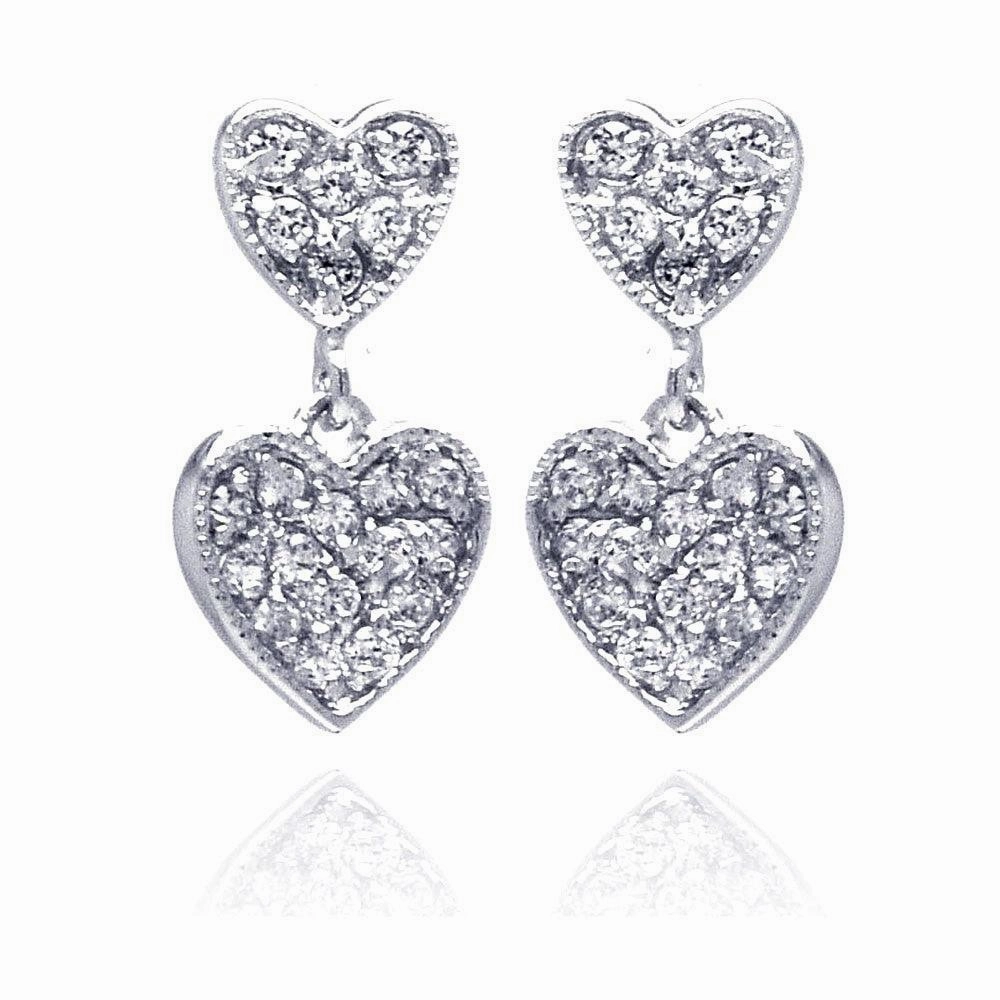 Silver 925 Rhodium Plated Graduated Two Heart CZ Inlay Dangling Stud Earrings - BGE00200