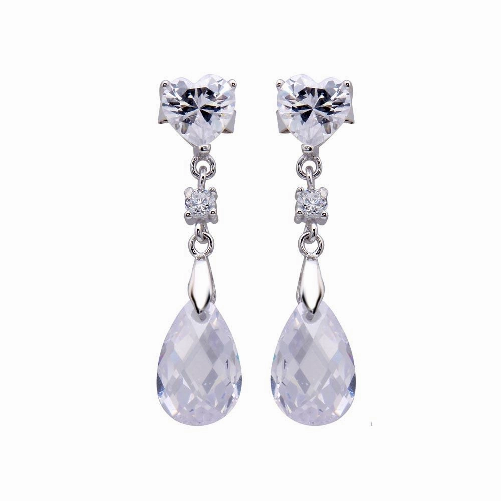 Silver 925 Rhodium Plated Heart and Teardrop CZ Dangling Stud Earrings - STE00442