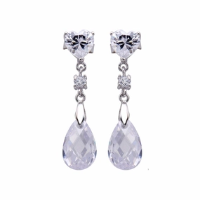 Silver 925 Rhodium Plated Heart and Teardrop CZ Dangling Stud Earrings - STE00442
