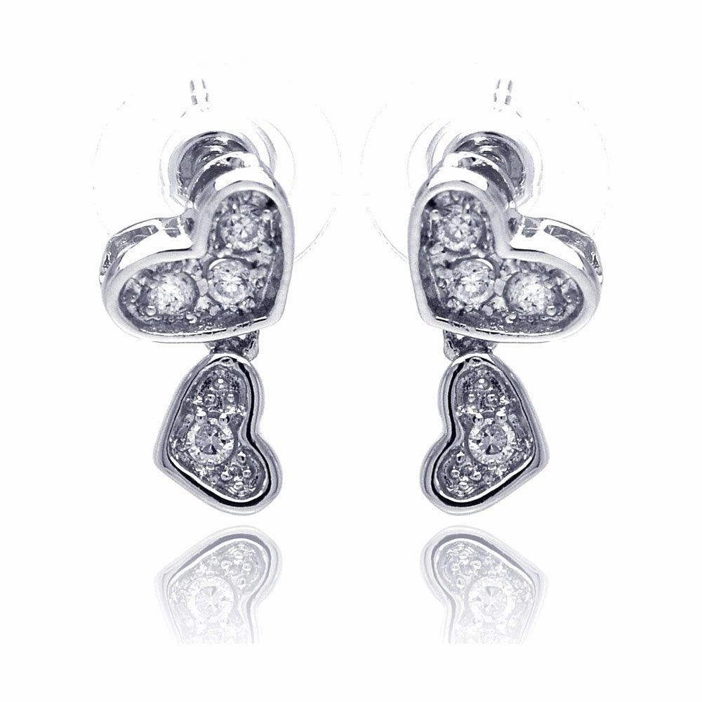 Silver 925 Rhodium Plated Heart CZ Inlay Dangling Stud Earrings - BGE00115