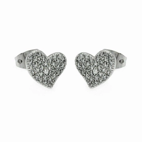 Silver 925 Rhodium Plated Heart CZ Inlay Stud Earrings - BGE00240