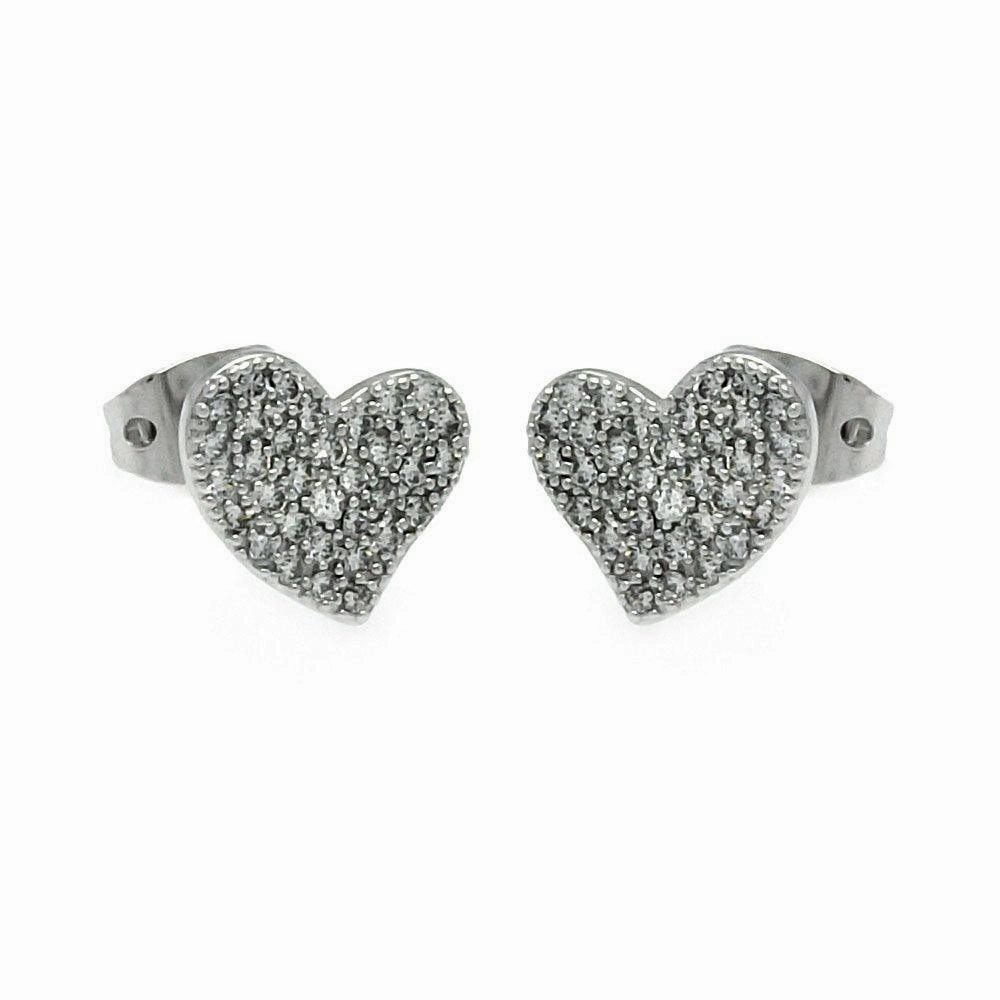 Silver 925 Rhodium Plated Heart CZ Inlay Stud Earrings - BGE00240