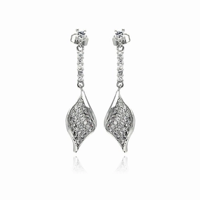 Silver 925 Rhodium Plated Leaf CZ Inlay Dangling Stud Earrings - BGE00269