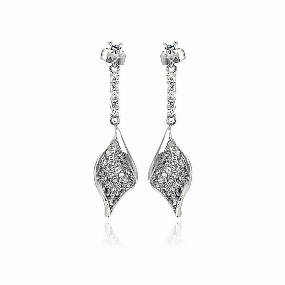 Silver 925 Rhodium Plated Leaf CZ Inlay Dangling Stud Earrings - BGE00269