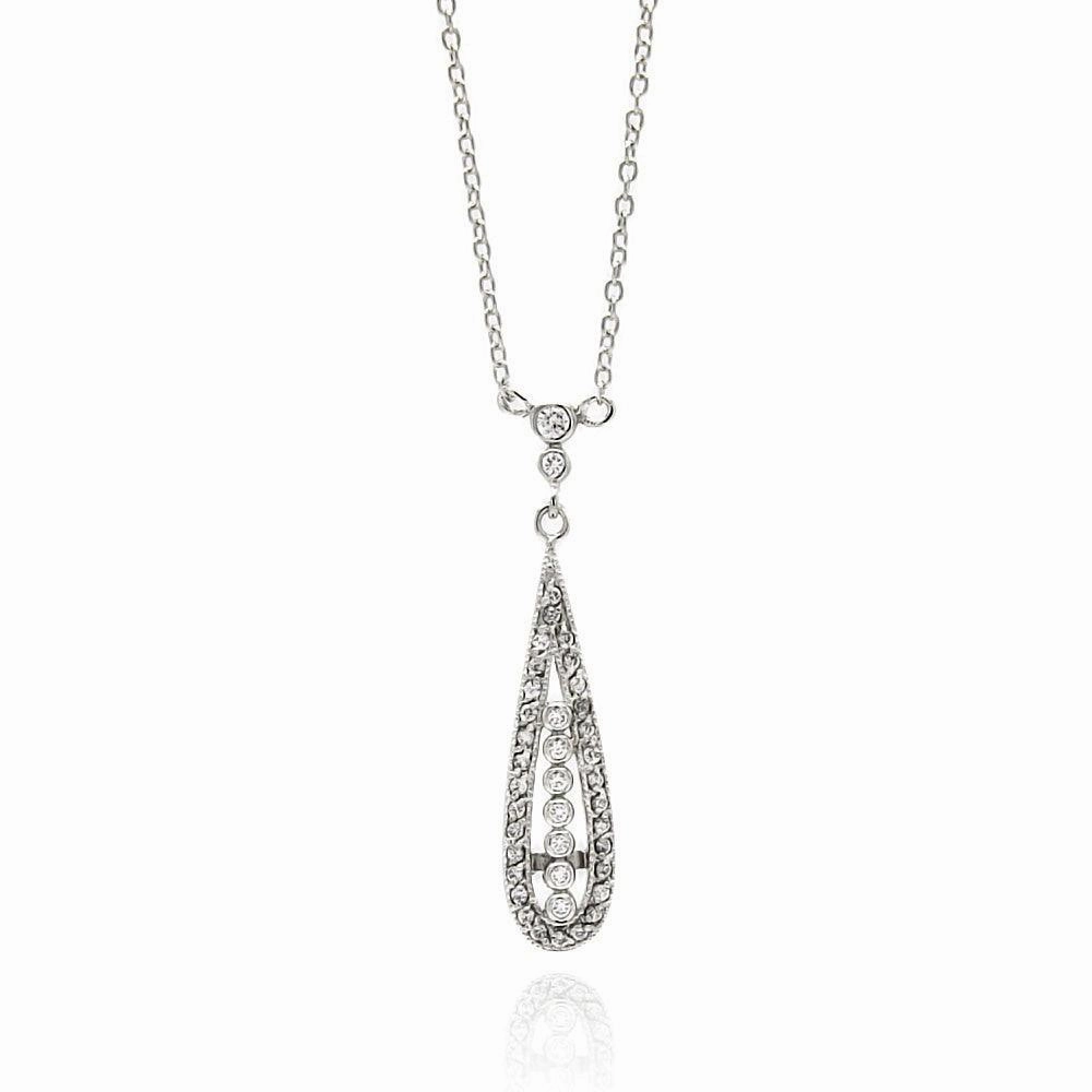Silver 925 Rhodium Plated Long Teardrop CZ Necklace - BGP00513