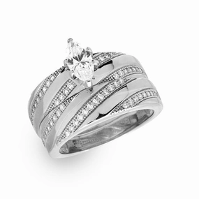 Silver 925 Rhodium Plated Marquise Center Trio Bridal Ring - GMR00146