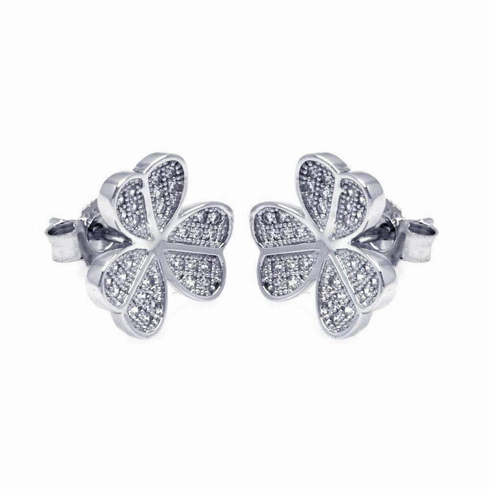 Silver 925 Rhodium Plated Micro Pave Clear Clover CZ Stud Earrings - ACE00050