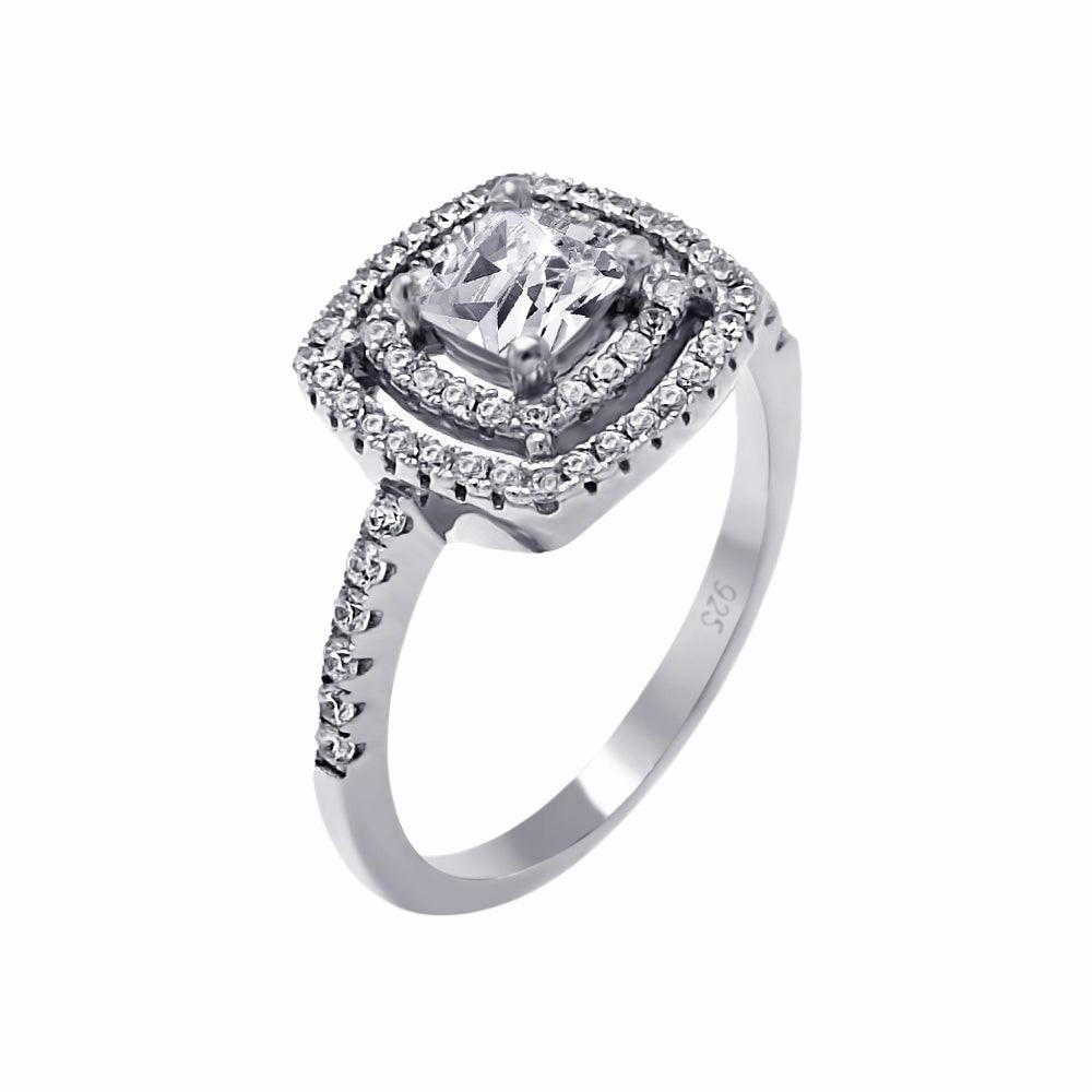 Silver 925 Rhodium Plated Micro Pave Clear CZ Multi Layer Square Ring - ACR00063