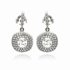 Silver 925 Rhodium Plated Micro Pave Clear CZ Round Dangling Stud Earrings - ACE00074