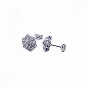 Silver 925 Rhodium Plated Micro Pave Clear Flower Filigree CZ Stud Post Earrings - ACE00024