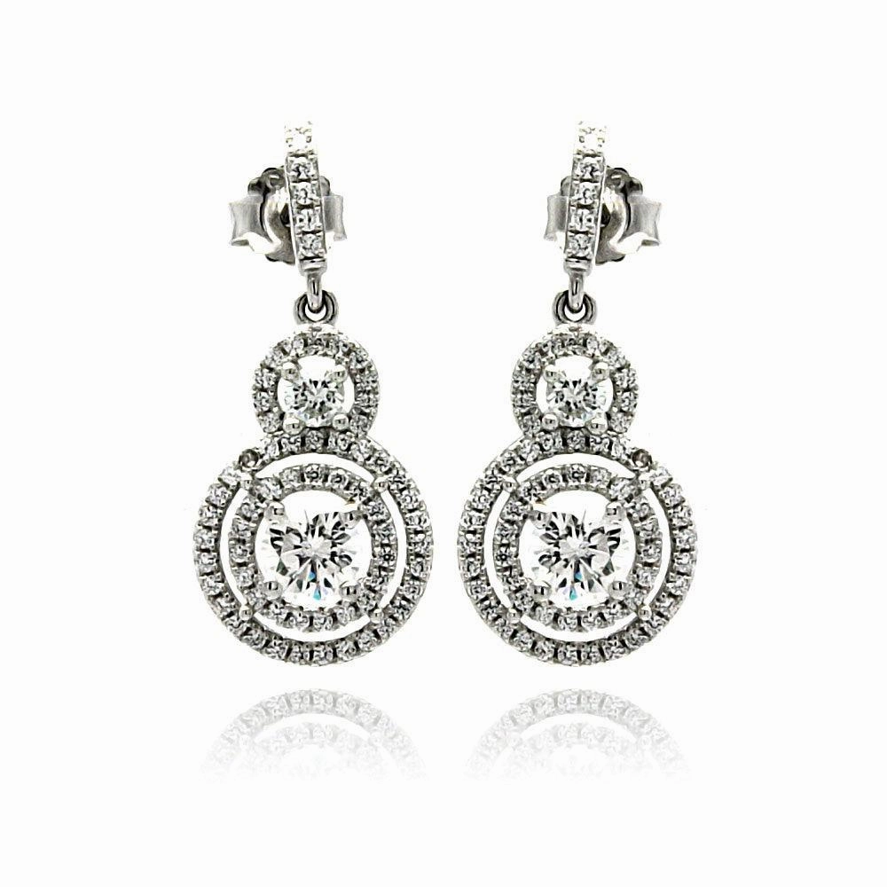 Silver 925 Rhodium Plated Micro Pave Clear Graduated Circle CZ Dangling Stud Earrings - ACE00073