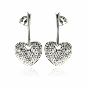 Silver 925 Rhodium Plated Micro Pave Clear Heart CZ Dangling Stud Earrings - ACE00075