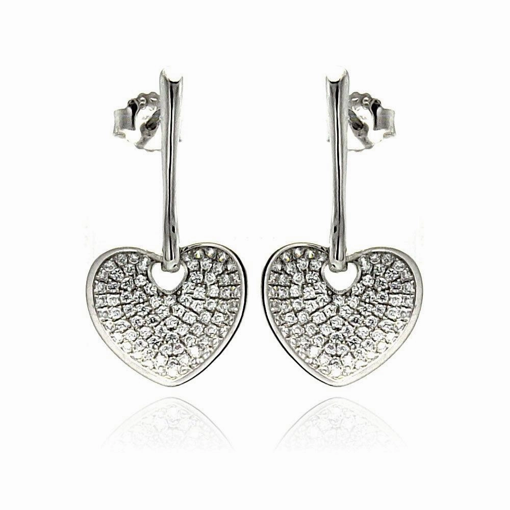 Silver 925 Rhodium Plated Micro Pave Clear Heart CZ Dangling Stud Earrings - ACE00075
