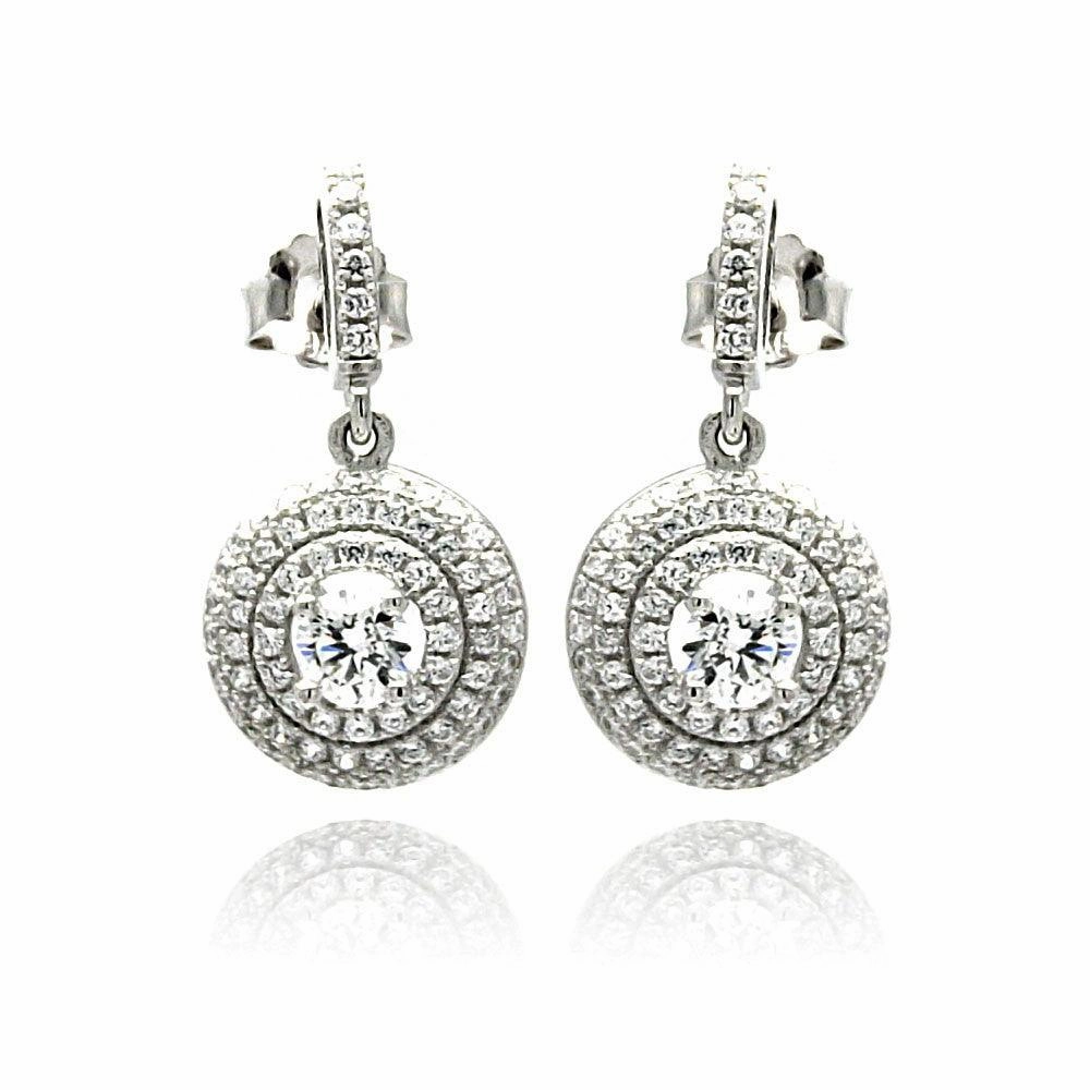 Silver 925 Rhodium Plated Micro Pave Clear Round CZ Dangling Stud Earrings - ACE00072