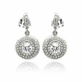 Silver 925 Rhodium Plated Micro Pave Clear Round CZ Dangling Stud Earrings - ACE00072