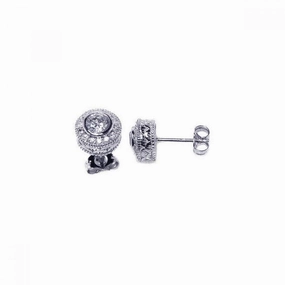 Silver 925 Rhodium Plated Micro Pave Clear Round Inlay CZ Stud Post Earrings - ACE00021