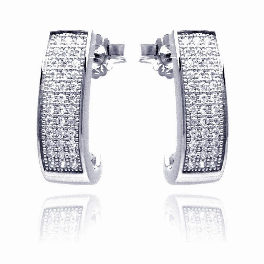Silver 925 Rhodium Plated Micro Pave Clear Round Rectangle CZ Stud Earrings - ACE00058