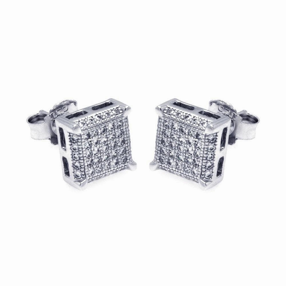 Silver 925 Rhodium Plated Micro Pave Clear Square CZ Stud Earrings - ACE00045