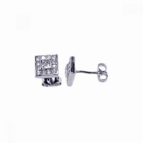 Silver 925 Rhodium Plated Micro Pave Clear Square CZ Stud Post Earrings - ACE00018