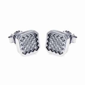 Silver 925 Rhodium Plated Micro Pave Clear Sun Square CZ Stud Earrings - ACE00053