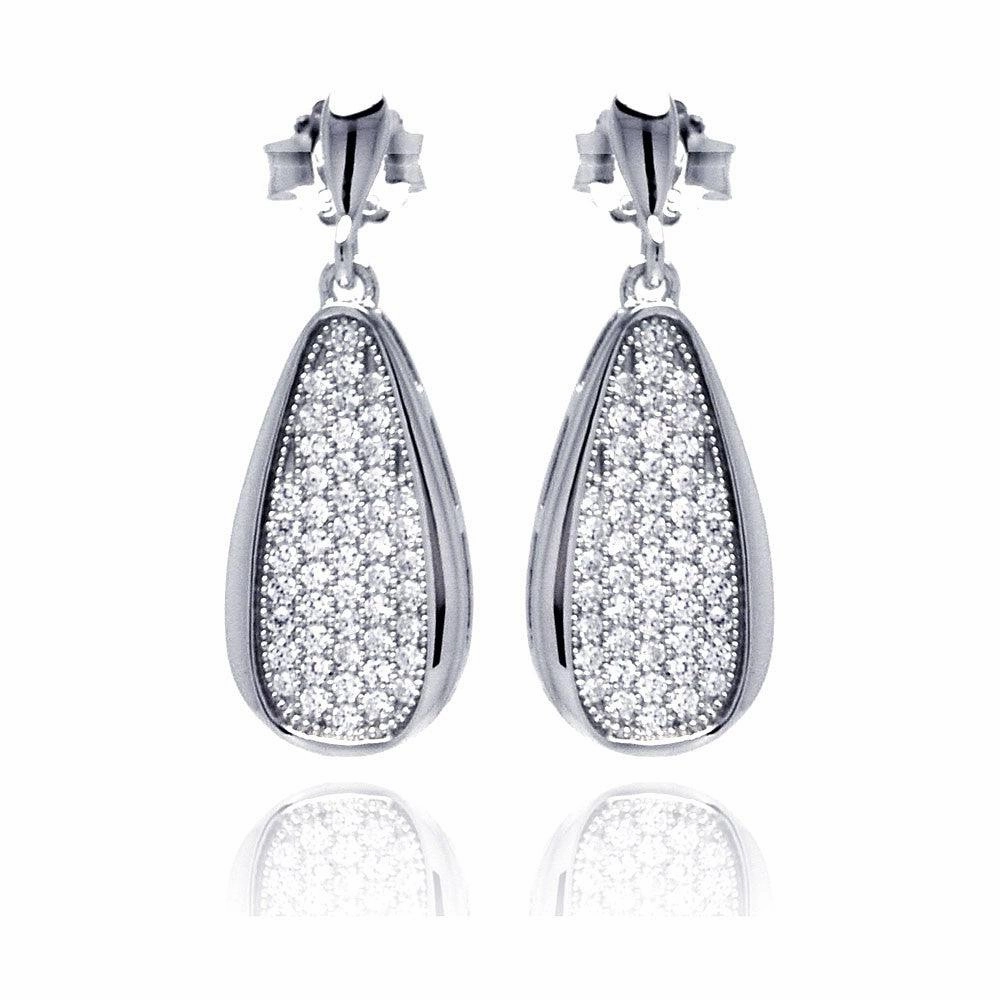 Silver 925 Rhodium Plated Micro Pave Clear Teardrop CZ Dangling Stud Earrings - ACE00057