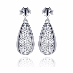 Silver 925 Rhodium Plated Micro Pave Clear Teardrop CZ Dangling Stud Earrings - ACE00057