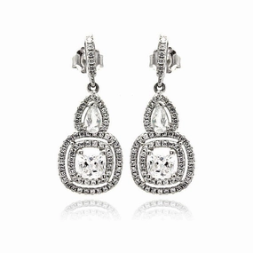 Silver 925 Rhodium Plated Micro Pave Clear Teardrop Square CZ Dangling Stud Earrings - ACE00076