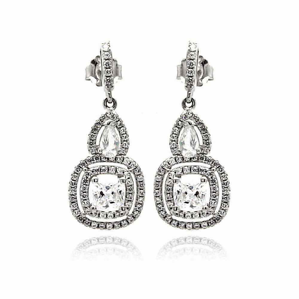 Silver 925 Rhodium Plated Micro Pave Clear Teardrop Square CZ Dangling Stud Earrings - ACE00076