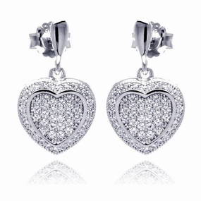 Silver 925 Rhodium Plated Micro Pave Heart Clear CZ Dangling Stud Earrings - ACE00042
