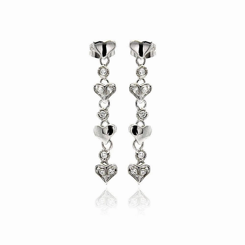 Silver 925 Rhodium Plated Multiple Heart Round CZ Dangling Stud Earrings - BGE00247