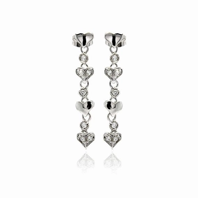Silver 925 Rhodium Plated Multiple Heart Round CZ Dangling Stud Earrings - BGE00247