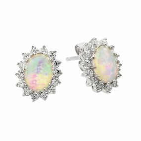 Silver 925 Rhodium Plated Opal Sun CZ Stud Earrings - STE00941